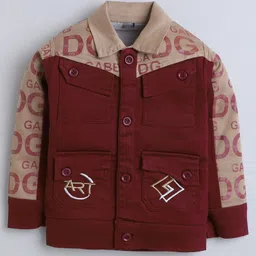 Fourfolds Cotton Blend Woven Full Sleeves Typography Printed Jacket & Trouser Set With Tee - Maroon image 3