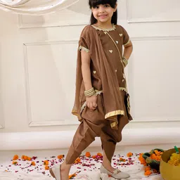 KID1 Silk Woven Half Sleeves Hearts Embroidered Dhoti Kurti With Dupatt & Sling Bag Set - Brown image 4