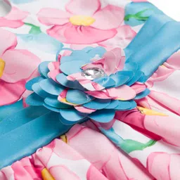 Twetoons Cotton Woven Half Sleeves Frock With Floral Print & Applique - Pink image 3