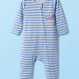 Babyhug 100% Cotton Interlock Knit Romper With Nautical Theme Print Pack of 2 - Blue & White image 4