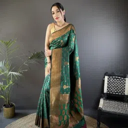 Elora Dark Green Woven Design Saree With Unstitched Blouse image 5