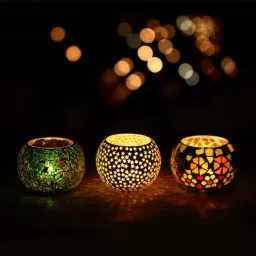 eCraftIndia Set of 3 Mosiac Glass Decorative Tea Light Holder/Diya-picture-46