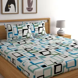 Home Ecstasy White & Blue Cotton 140 TC Bedsheet Set-image-64