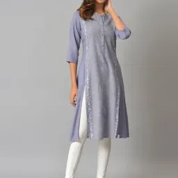 W Purple Floral Print Straight Kurta-image-78