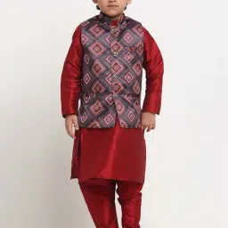 Benstoke Kids Maroon & Charcoal Grey Printed Full Sleeves Kurta Set-image-6