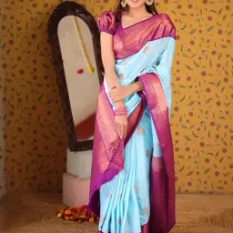 Anjaneya Sarees Blue Banarasi Silk Woven Design Saree with Unstitched Blouse-image-38