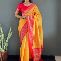 Anjaneya Sarees Yellow Banarasi Silk Woven Design Saree with Unstitched Blouse-picture-30