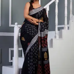 Unnati Silks Black Cotton Printed Saree With Unstitched Blouse-image-16