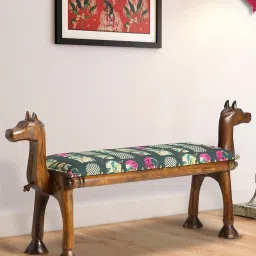 India Circus by Krsnaa Mehta Signature Window Printed Black Acacia Wood Bench image 1