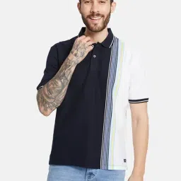 Octave Light Navy Cotton Regular Fit Striped Polo T-Shirt-picture-12