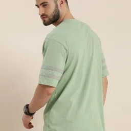 Difference Of Opinion Green Cotton Loose Fit Striped T-Shirt image 2