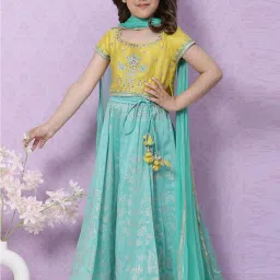 BIBA Girls Yellow & Blue Embroidered Lehenga Choli image 5