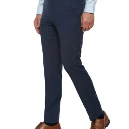 Van Heusen Navy Slim Fit Checks Flat Front Trousers image 3
