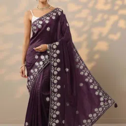 Libas Purple Embroidered Saree With Unstitched Blouse-image-73