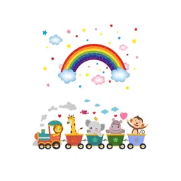 prettykrafts 2Pcs Yellow & Green Animals On Train & Rainbow Wall Stickers-image-20