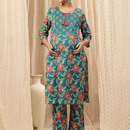 House Of Zelena Women Floral Printed Regular Pure Cotton Maternity Kurta & Pant Set-picture-18