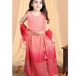 Kinder Kids Sleeveless Floral Foil Printed Accordion Pleated & Ombre Coordinating Lehenga & Choli Set - Peach & Red-picture-31