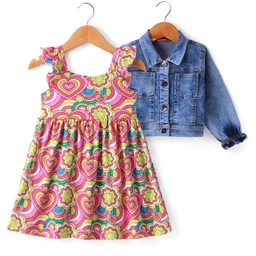 Babyhug Single Jersey Knit Floral Printed Frock With Full Sleeves Denim Jacket - Multicolor-picture-30