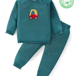 Babyhug Knitted Full Raglan Sleeves Pullover Sweater Set with Car Embroidery - Teal Blue-picture-16