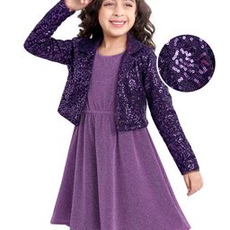 Hola Bonita Knit A Line Shimmered Party Frock with Full Sleeves Collared SequinedJacket - Purple-picture-48