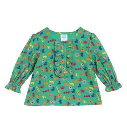 MINI KLUB Cotton Full Puffed Sleeves Frill Detailed Abstract Printed Top - Green-picture-25