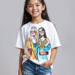 Pine Kids Cotton Knit Half Sleeves Oversize Drop Shoulder T-Shirt With Human Graphic Print - White-picture-14