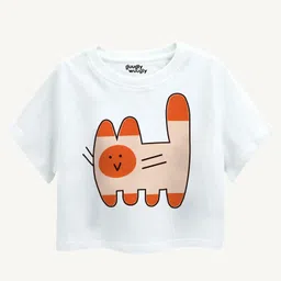 Guugly Wuugly Pure Combed Cotton Half Sleeves Skin Friendly Cat Printed Crop Top - White-picture-31