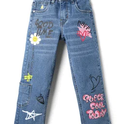 Pine Kids Denim Woven Full Length Washed Jeans With Text & Floral Print - Blue-picture-16