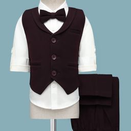 Robo Fry Cotton Woven Full Sleeves 3 Piece Party Suit Set with Bow Applique - Dark Purple-picture-1