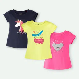 Ariel Cotton Knit Pack Of 3 Half Sleeves Unicorn & Typography Printed Tops - Pink Navy Blue & Yellow-picture-18