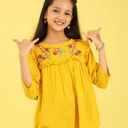 ISHTI Rayon Woven Three Fourth Sleeves Floral Embroidered Frill Detailed Top - Mustard-picture-24