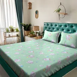 Klotthe Green & White Cartoon Printed Pure Cotton 400 TC King Bedsheet Set 2.5 m x 2.25 m-picture-15