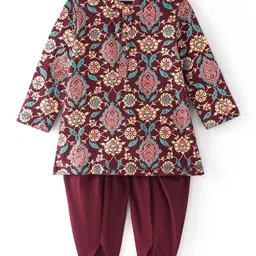 EARTHY TOUCH Single Jersey Knit Full Sleeves Floral Foil Print Kurta & Dhoti Set - Maroon image 2