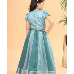 MASTARANG Blended Woven Half Puffed Sleeves Abstract Embroidered & Lace Embellished Choli Tiered Lehenga With Dupatta Set - Teal Blue image 3