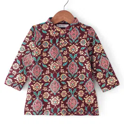 EARTHY TOUCH Single Jersey Knit Full Sleeves Floral Foil Print Kurta & Dhoti Set - Maroon image 3