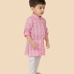 little desi Cotton Full Sleeves Ethnic Printed Kurta Pyjama Set - Pink image 4