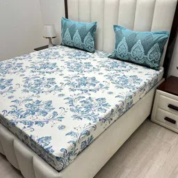 Pure Decor Blue & Off White Ethnic Motifs 180 TC Queen Bedsheet with 2 Pillow Covers image 3