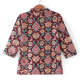 EARTHY TOUCH Single Jersey Knit Full Sleeves Floral Foil Print Kurta & Dhoti Set - Maroon image 4