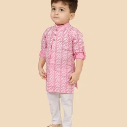 little desi Cotton Full Sleeves Ethnic Printed Kurta Pyjama Set - Pink image 5