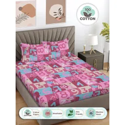 FABINALIV Pink Cartoon Print 100% Cotton King Size Double Bedsheet With 2 Pillow Covers image 2