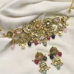 Peach Tassels Multi color Beaded Kundan Necklace and Earrings-image-10