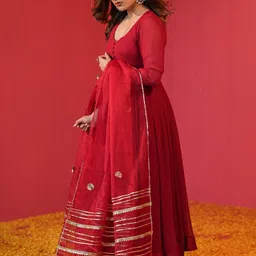 GoSriKi Women Plus Size Solid Anarkali Kurta with Trousers & With Dupatta image 2