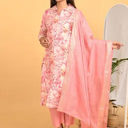 GOLDSTROMS Women Floral Printed Shirt Collar Maternity Kurta with Trousers & Dupatta image 4