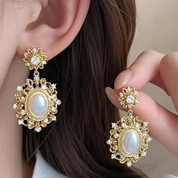 Anouk Gold-Plated Artificial Stones Studded & Beaded Contemporary Korean Drop Earrings image 4