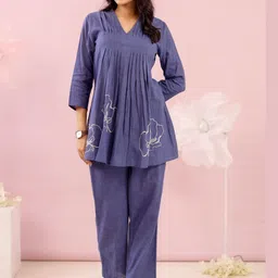 MISRI Embroidered V-Neck Pure Cotton Top With Trousers Co-Ords-image-27
