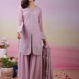 SHOPLANCE Women Ethnic Motifs Embroidered Regular Sequinned Kurta with Sharara & With Dupatta-picture-33