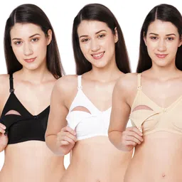 MomToBe Pack of 3 Solid Colour Cotton Full Cup Feeding Maternity Bra - White Black Beige-image-10