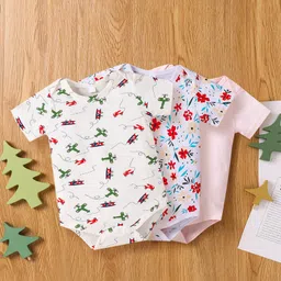 Kookie Kids Half Sleeves Onesie Floral Print Pack of 3 - White-image-7