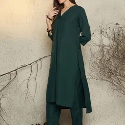 Indo Era Pleated V-Neck A-Line Kurta With Trousers image 5