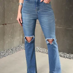 SASSAFRAS Women Regular Fit High-Rise Highly Distressed Light Fade Stretchable Jeans image 1